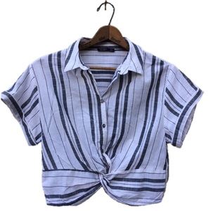 Striped Collar Pull Over Short Sleeve Crop Top